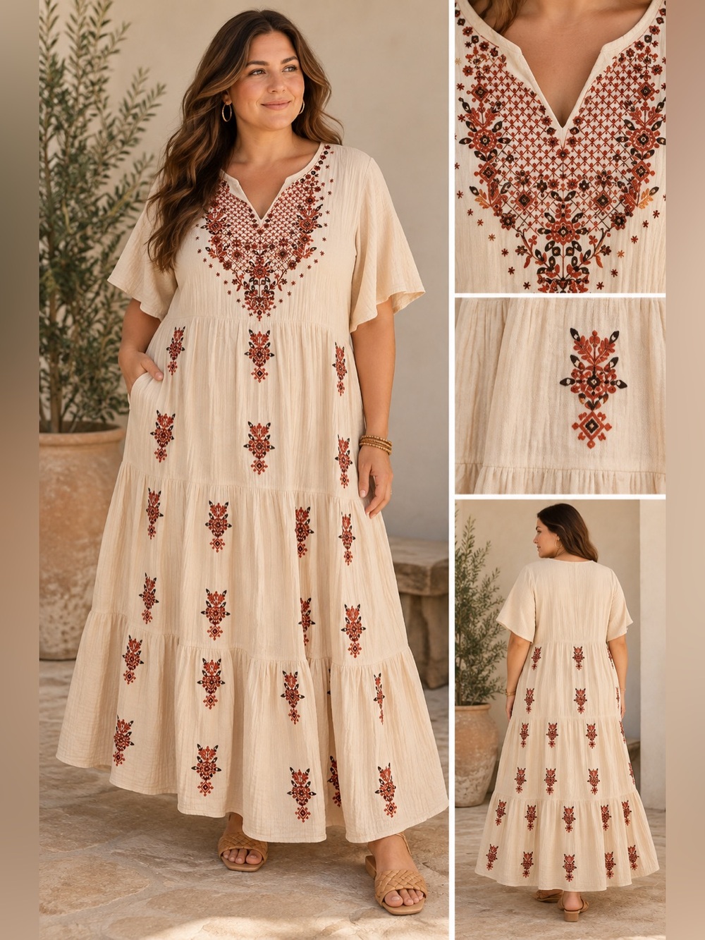 Soft Surroundings Embroidered Gauze Tiered Maxi Dress Cream Rust Size 2X